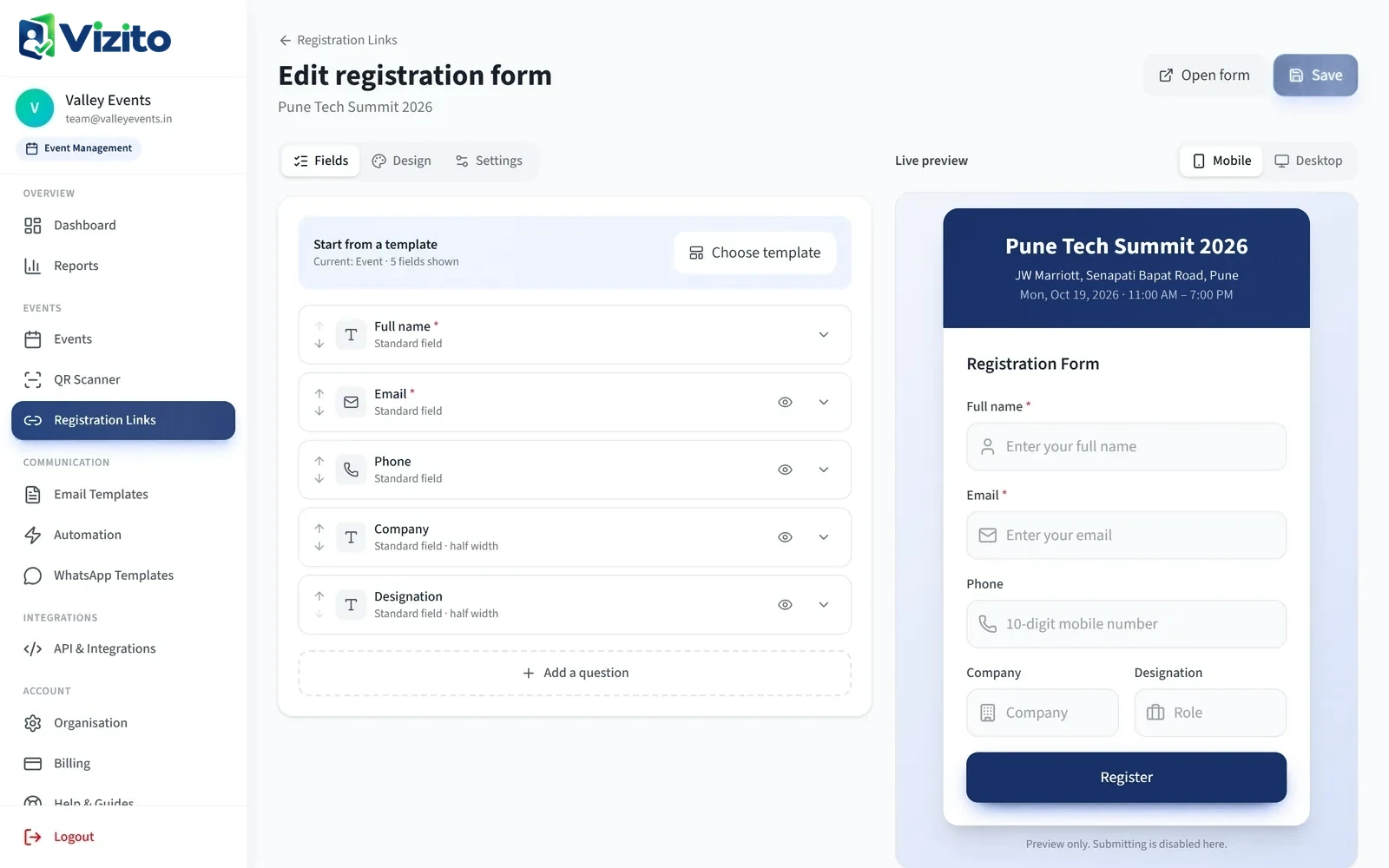 Registration form builder with live mobile preview