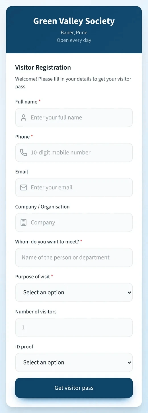 Visitor registration form on a phone