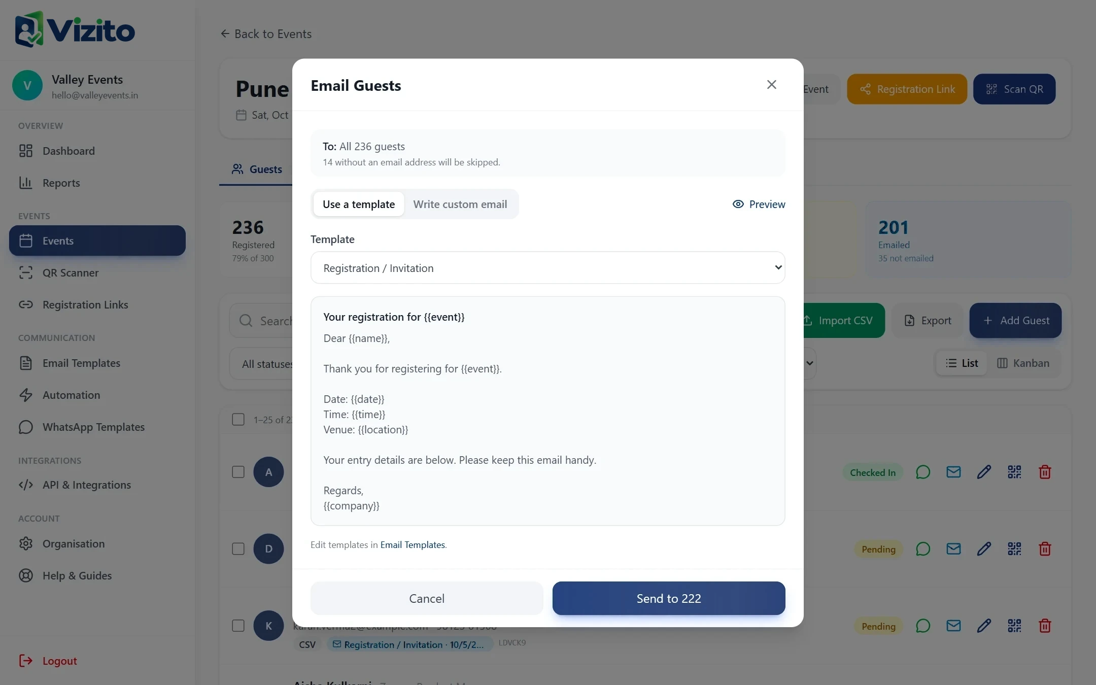 Email composer with template, placeholders and live preview