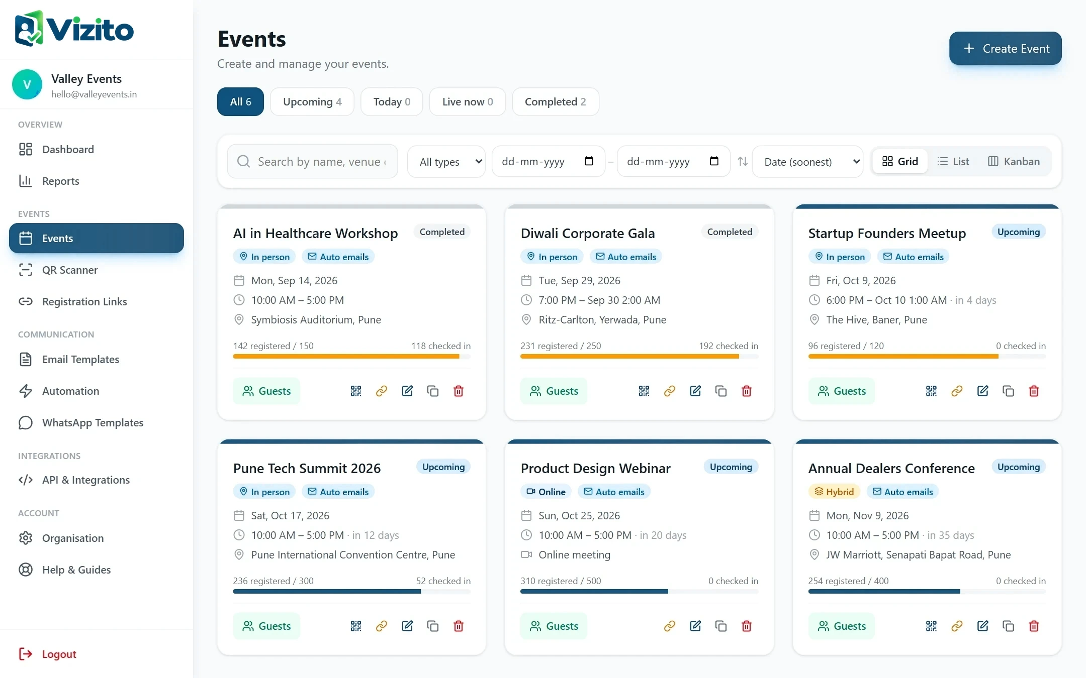 Events list with in-person, online and hybrid events