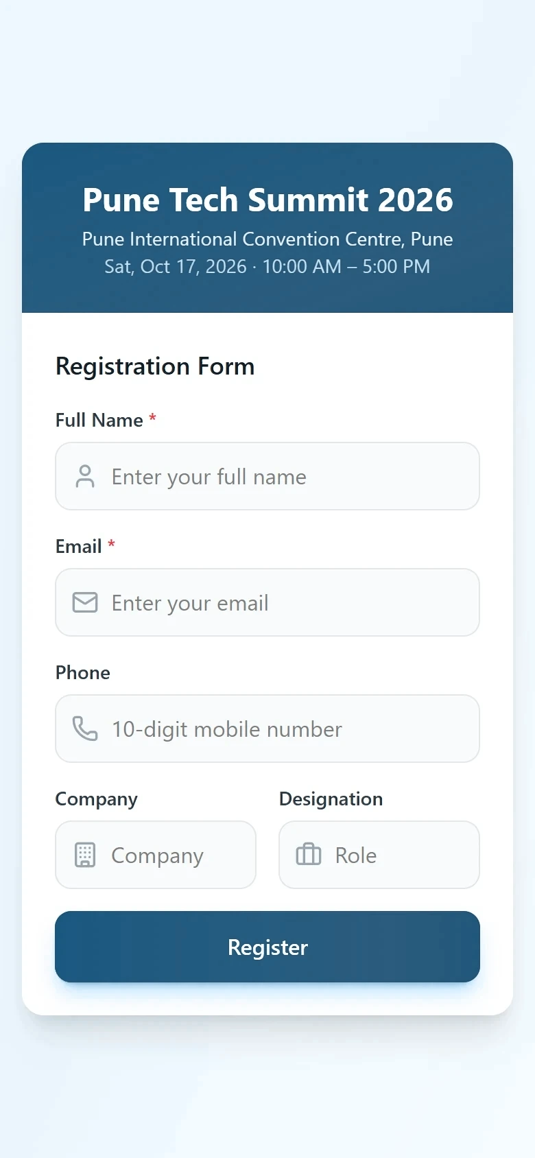 Mobile event registration form
